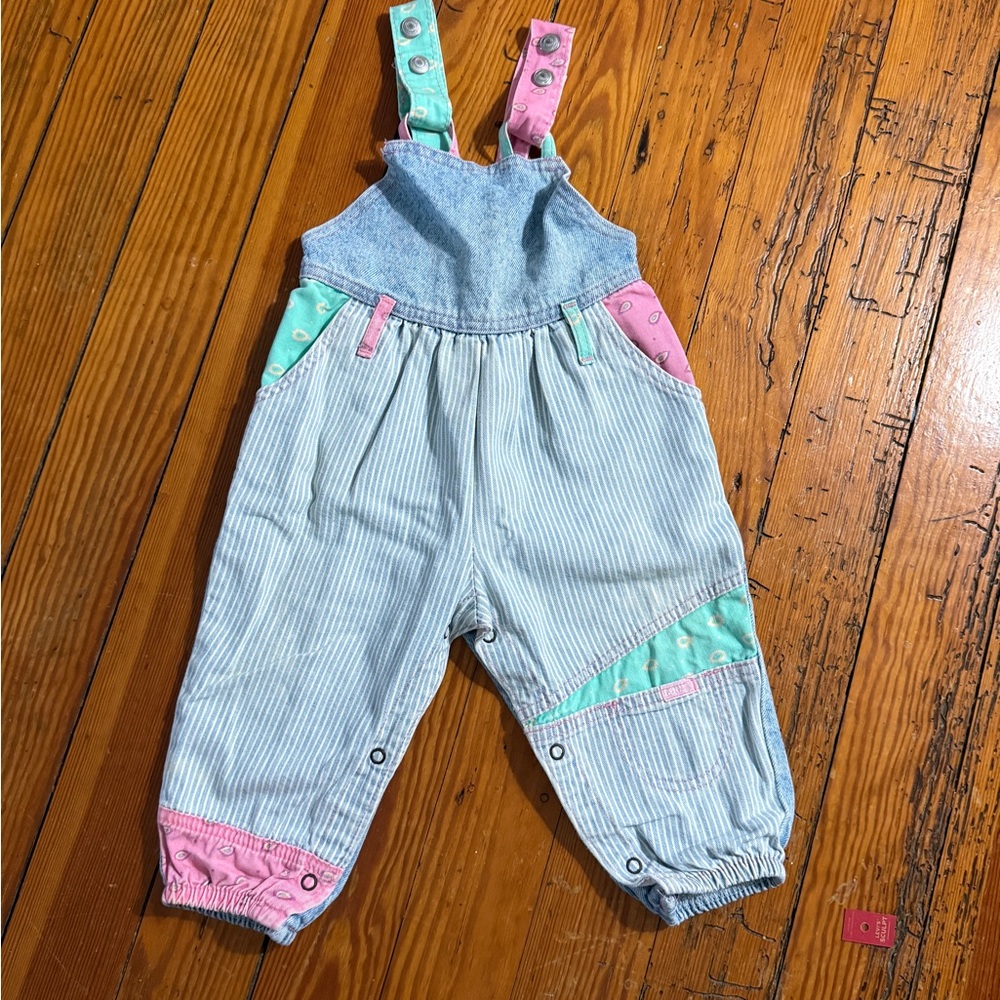 Vintage 90s Striped Light Blue Overalls with Pink & Mint Accents size 18m